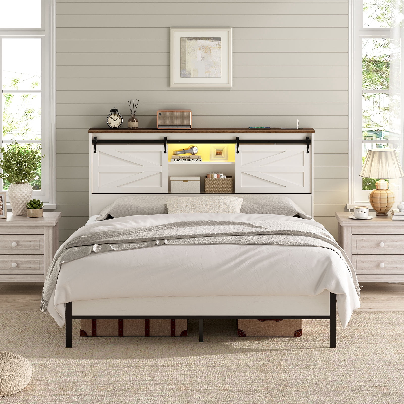 HOOBRO Queen Size Headboard, Headboard with Charging Station and LED Light, 3-Tier Storage Headboard with Outlets and USB Ports, Stylish Headboard, Height Adjustable, White and Walnut WT30UDBH01