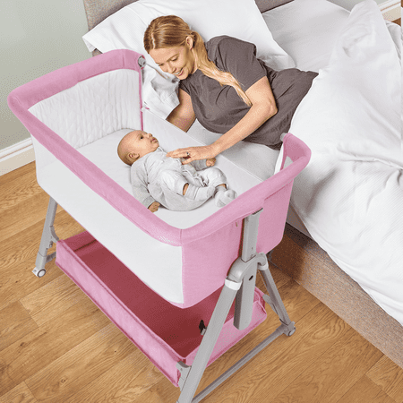 Cowiewie Baby Bassinet Bedside Portable Bassinet with Wheels Storage Travel Bag for 0-6 Months Pink