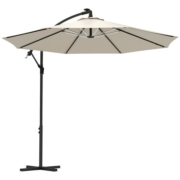 Outsunny Cantilever Patio Offset Umbrella w/ Solar Lights, Base, Beige