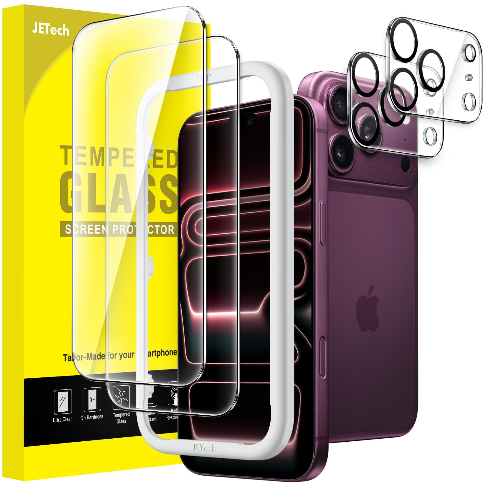 JETech Screen Protector for iPhone New Pro, 2+2 Pack |With Camera Lens Protector, 9H+ Film