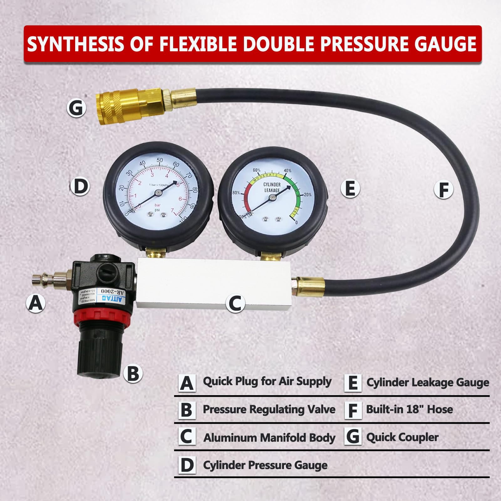 Cylinder Leak Down Tester Kit,Automotive Engine Pressure Gauges Compression Test Leakage Detector Tool Set - Light Red (TU-21)，Brass