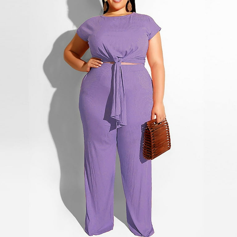 YWDJ Two Piece Outfits for Women Classy Women Plus Size Solid Short Sleeve  O Neck Bandage Pullover Leisure Tops + Long Pants Set Purple XXXXL 