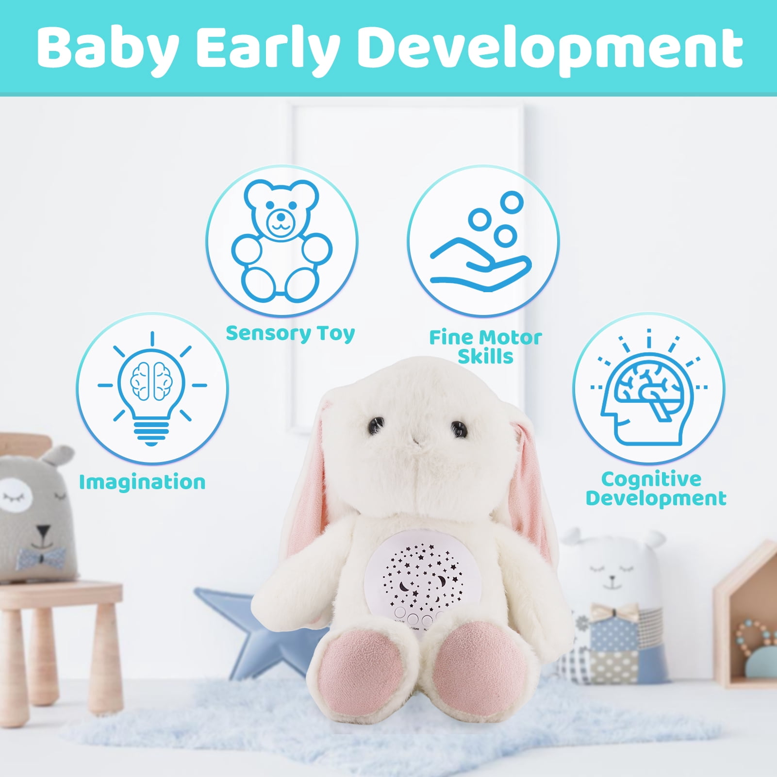 LINXUXIE Musical Rabbit Plush Toy with Soothing Light & Sound, Soft Stuffed Animal for Newborn to Toddler 0-36 Months