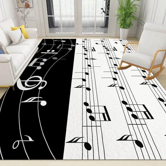 Modern Black and White Simple Musical Note Pattern Area Rugs, Abstract Music Notes Rug Living Room Bedroom Kids Room Carpet Runner Rug Home Decor Doormat Yoga Mat Patio Floor Mat 2x3ft