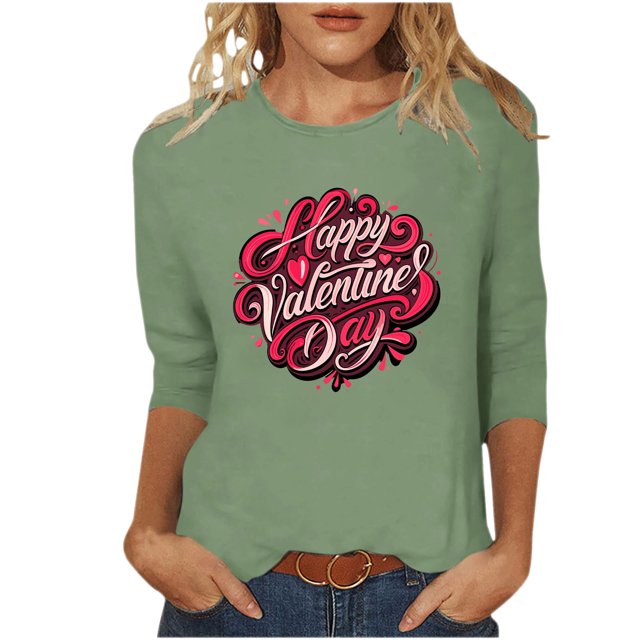 FMFYFH Hauts de la Saint-Valentin à Manches 3/4 pour Femmes, T-Shirts à Col Rond, Tunique Ample Décontractée
