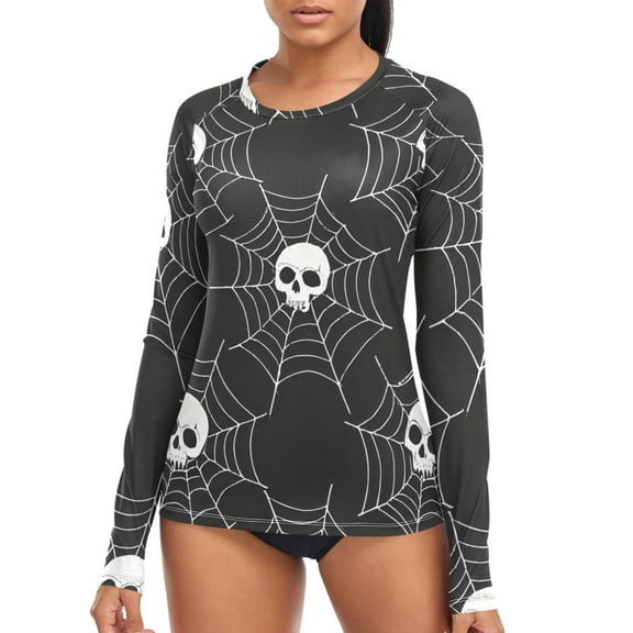 joogoo Womens UPF 50  Rash Guard Skull in Web Long Sleeve UV Protection Sun Shirts Tops S
