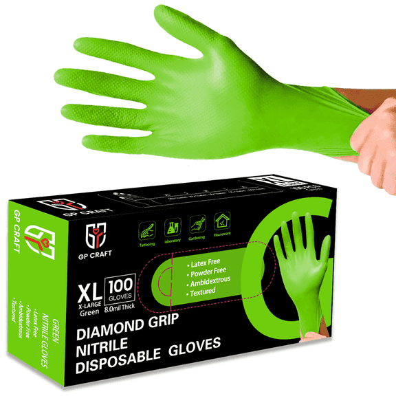 100pcs  GP Craft  8Mil Diamond Textured Green Nitrile Gloves (Automative Work) Cleaning Hand Cover