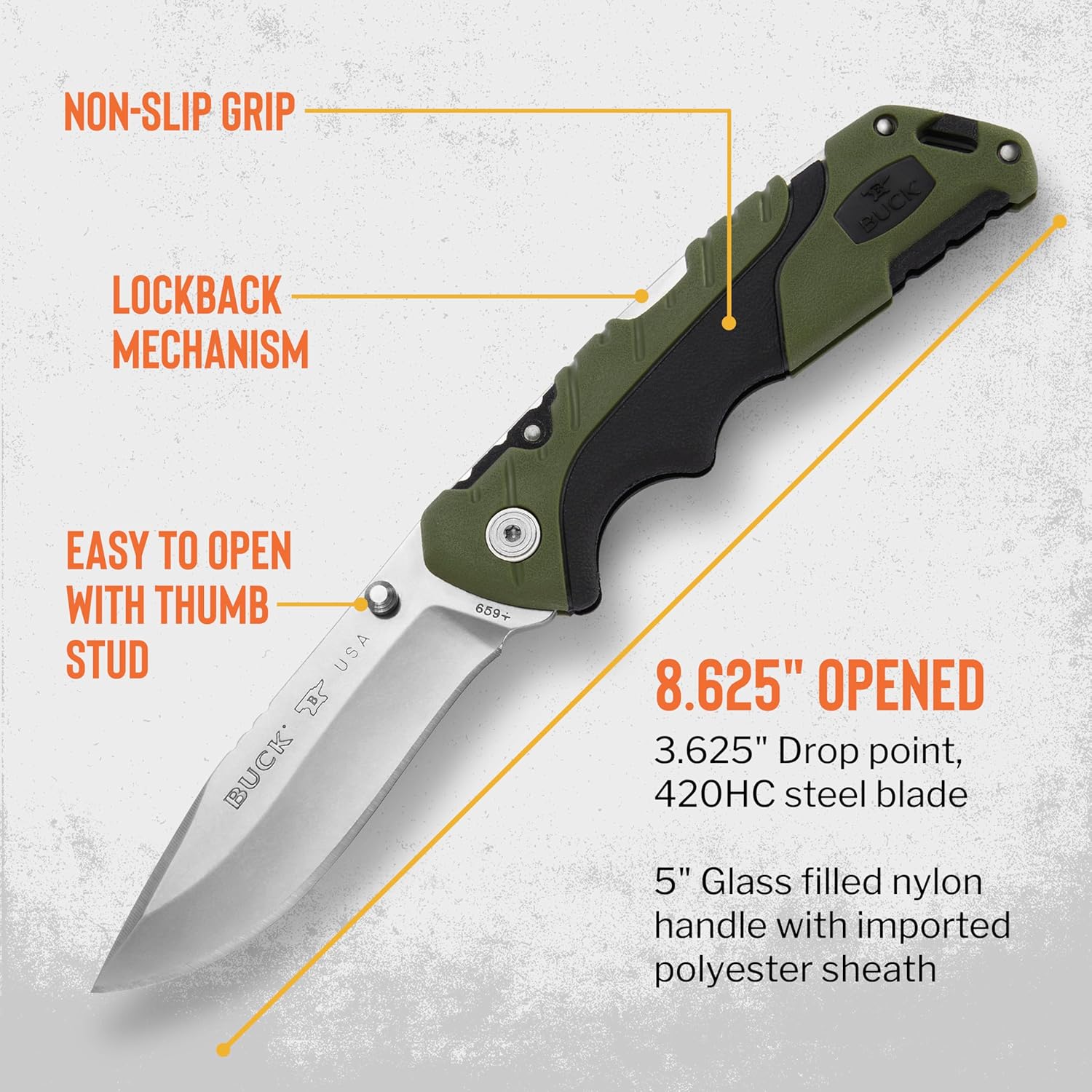 Buck Knives 659 Large Folding Pursuit Hunting Knife, 3-5/8" Blade, Nylon Handle, Green, 3.8 oz