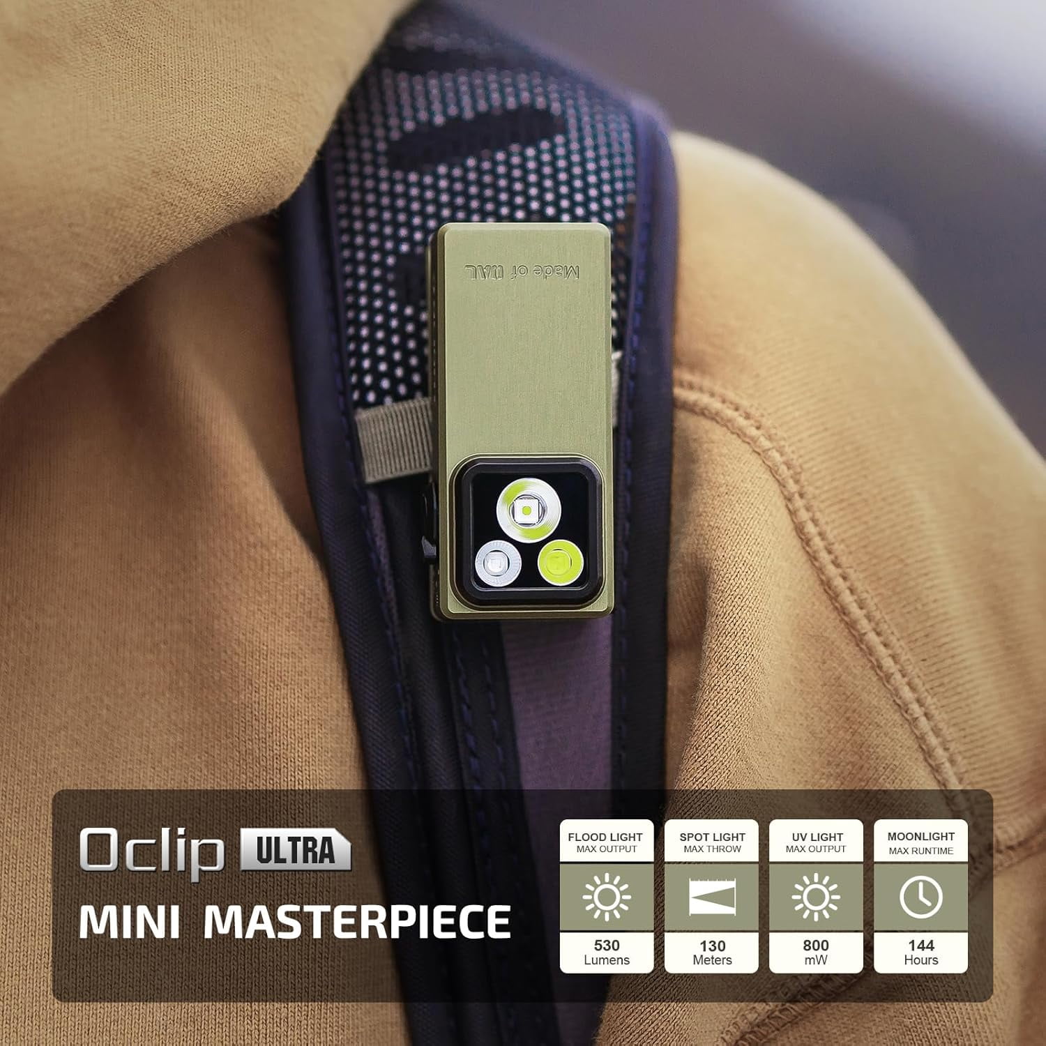 OLIGHT Oclip Ultra EDC Flashlight Clip-on Light, 530 Lumens Rechargeable with Type-C Charging, Combines Floodlight, Spotlight and UV, Triple Magenetic Lights for Inspection and Work (Olive Green)