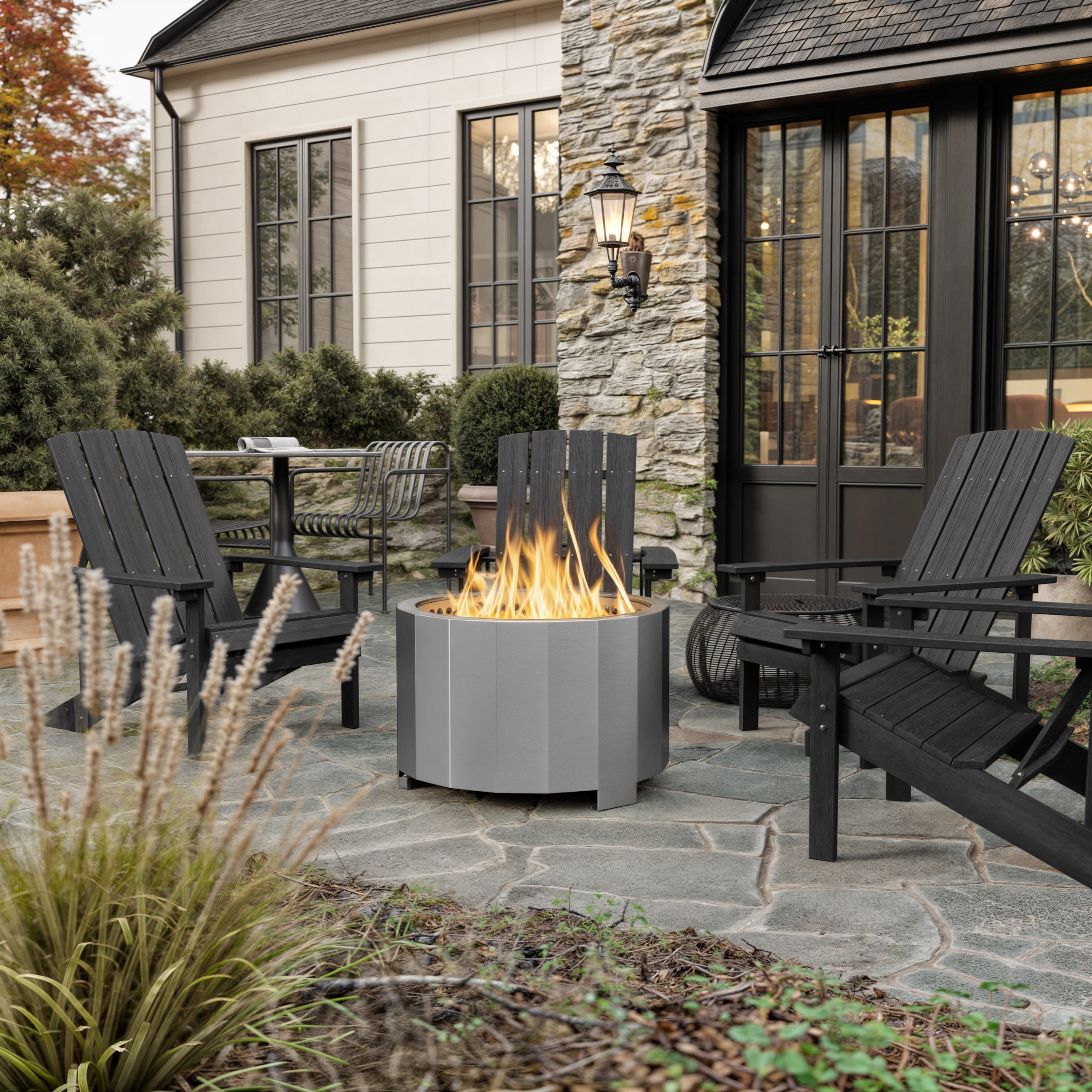 BizChair Commercial Grade 27 inch Smokeless Outdoor Firepit, Natural Wood Burning Portable Fire Pit With Waterproof Cover, Stainless Steel