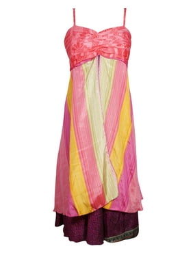 Mogul Women Pink Vintage Recycled Sari Printed Sundress Layered Spaghetti Strap Beach Summer Dresses S/M