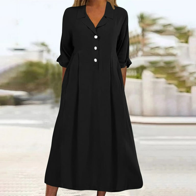PULEN Pule New Summer Short Sleeve Dress Womens Work Business Office Lapel Collar V Neck Button Down Short Sleeve Midi Dress Loost Fitted Dresses,