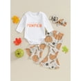 thumbnail image 2 of Michellecmm Baby Girls Halloween Pants Sets White Long Sleeve Letter Print Romper Pumpkin Print Pants Headband Sets, 2 of 8
