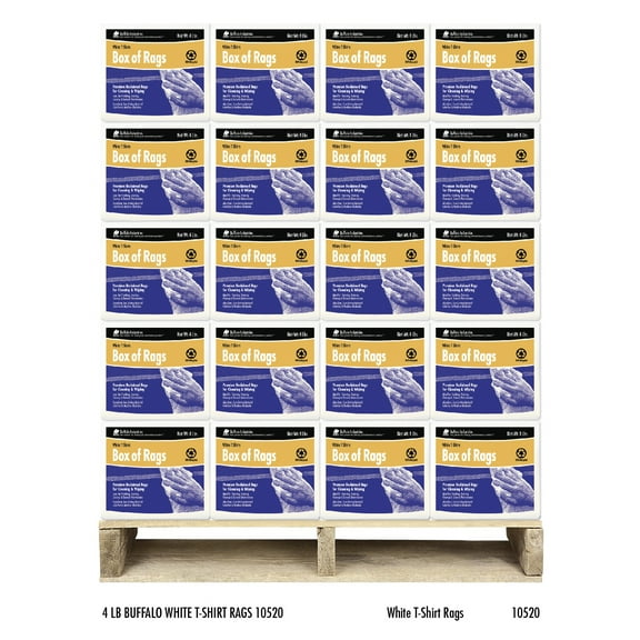 Pallet (120 ct) of 4 lb Buffalo Industries 10520 White Tee-Shirt Recycled Knit Cloth Rag