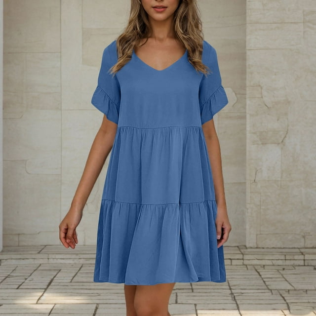 KIHOUT Dresses for Women Casual Solid Color V-Neck Ruffled Short Sleeve Flowy Midi Dress