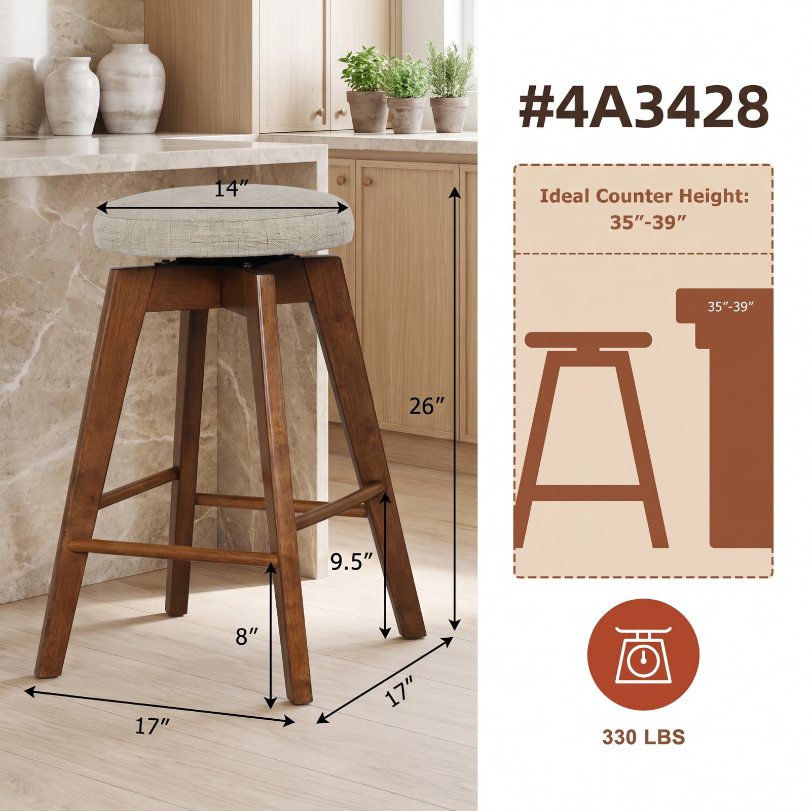 Furnibear 2 Pieces 26 Inch Backless Swivel Barstools with Linen Fabric Seat for Kitchen Island Counter Bar Pub Dining Home, Beige