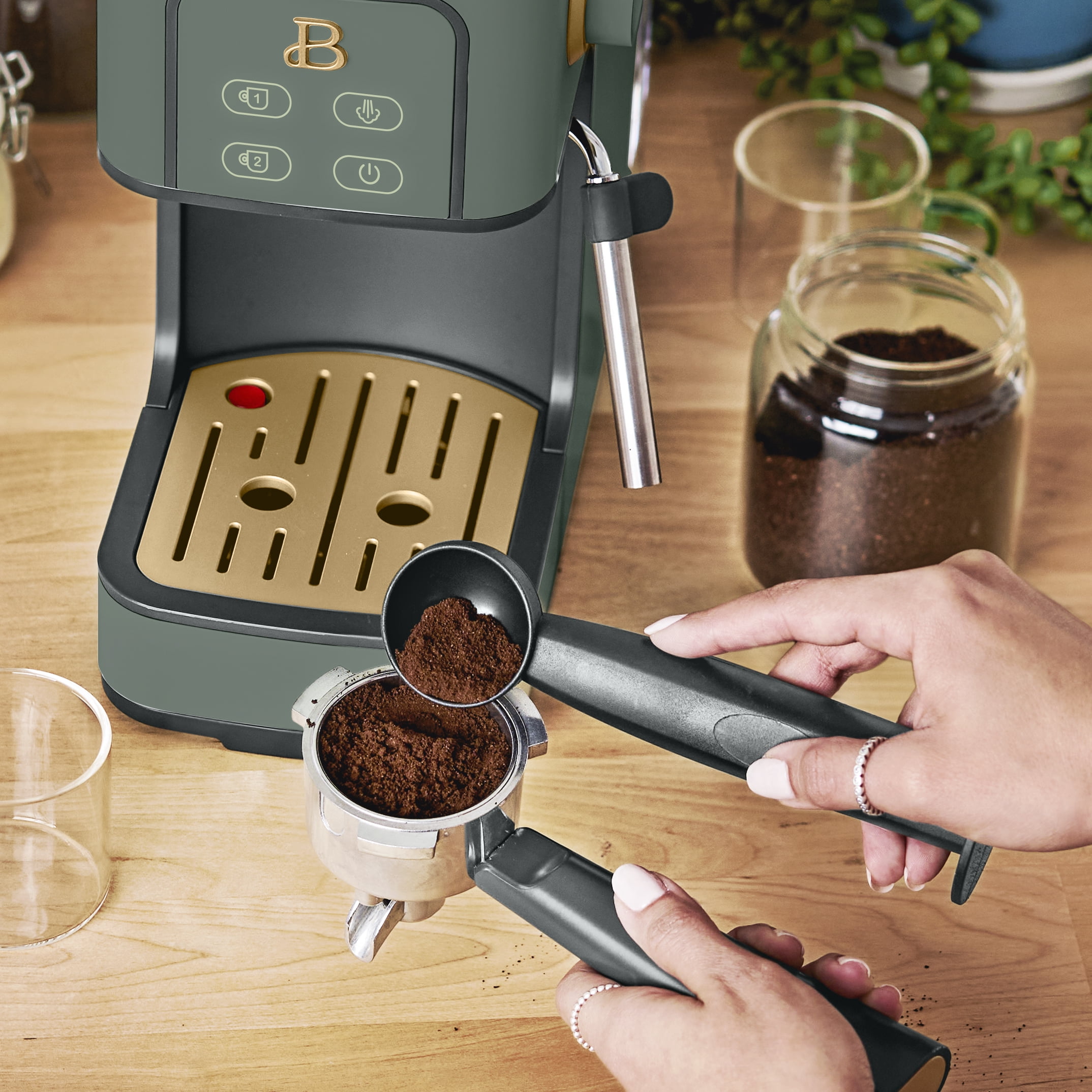 Beautiful Slim Espresso Machine with 20-Bar Pressure, Thyme Green by Drew Barrymore