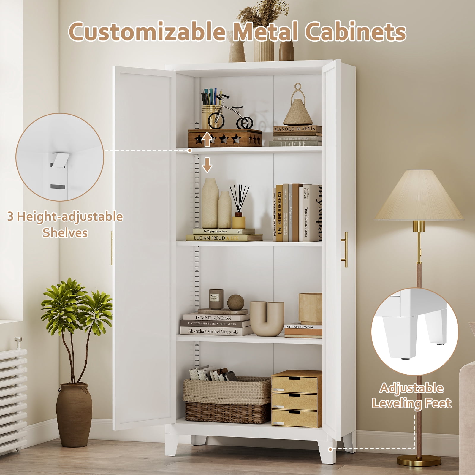 LIZEVINC 61.2in Pantry Cabinet, Metal Shapely Doors Cabinet with Doors and Adjustable Shelves, Food Pantry Cabinet for Kitchen,Dinning Room- Assembly Required(White)