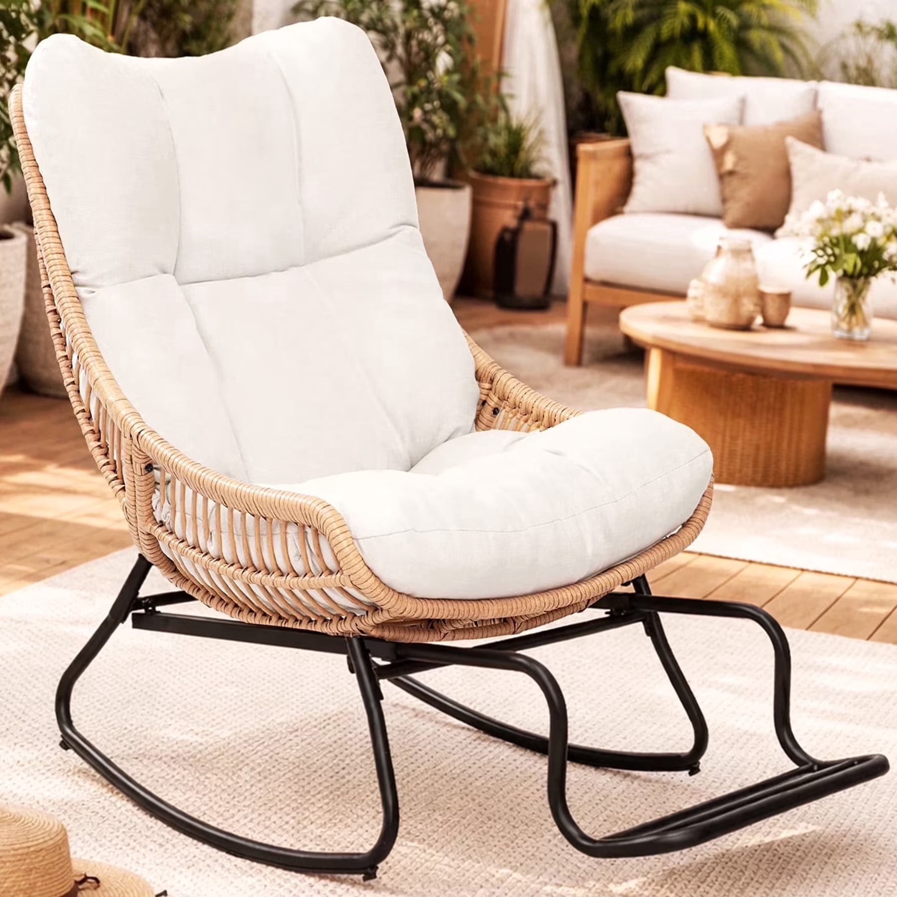 Tappio Rocking Papasan Chair with Adjustable Footrest, Outdoor Egg Rocking Chair with Thick Cushion and Steel Frame, Oversized Papasan Lounge Rocker for Garden, Porch, Living Room, Beige