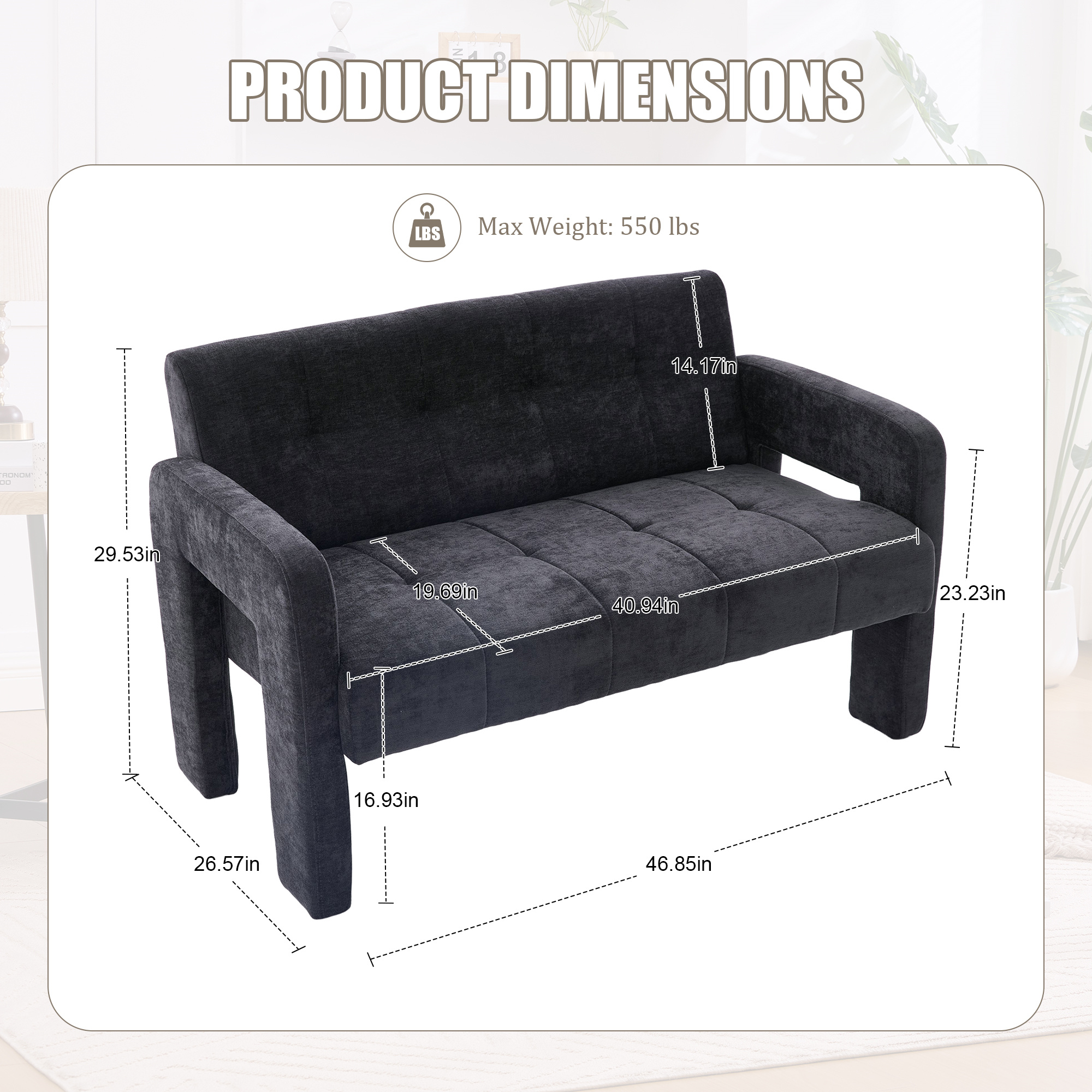 Small Comfy Sofa Mini Loveseat Couch 2-Seater Futon Sofa Chair, 46.85" Chenille Nordic Modern Upholstered Love Seats Couches for Living Room Bedroom Dorm Apartment