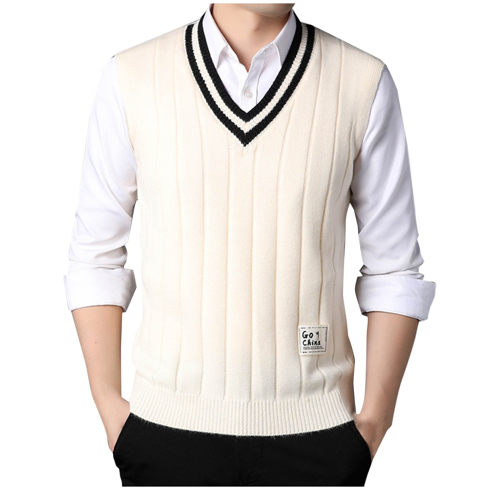 Ofreoo Men Waistcoat Knitting Top Sleeveless Casual V-neck Top Bottom Llayer Shirt Work Vest for Men Gift for Adults