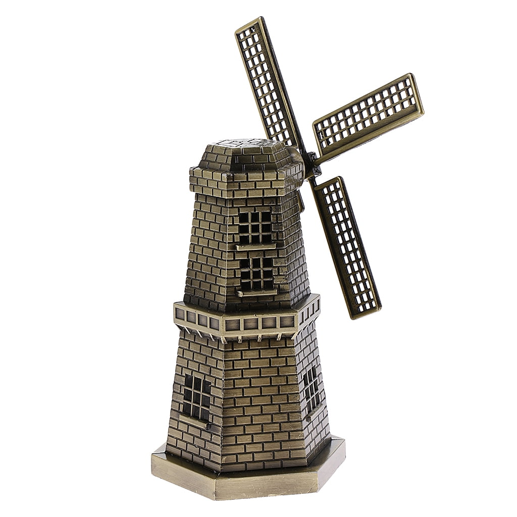 Bronzer Metal Dutch Windmill Statue Figurine Craft for Bookshelf Decor 