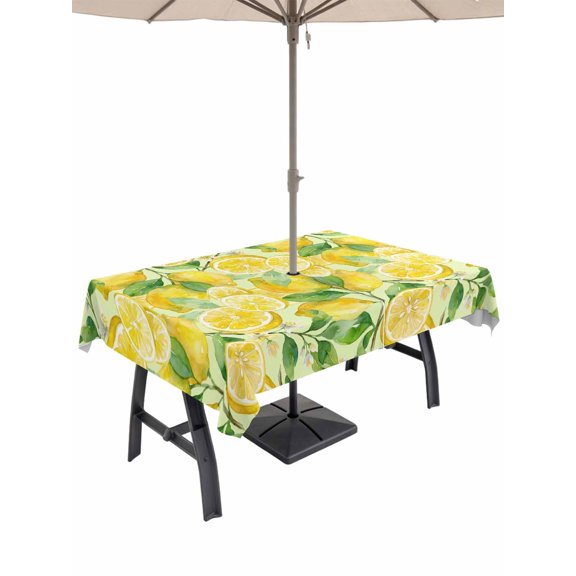 Outdoor Tablecloth with Umbrella Hole for Patio/Picnic/Party/Camping, Watercolor Lemon Filling Waterproof Table Cloth Rectangle Table Cover Washable, Summer Botanical Leaves Yellow Green (60"x 120")