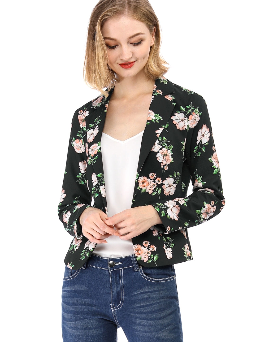 Women's Long Sleeve Open-Front Floral Print Blazer Jacket Black XL ...