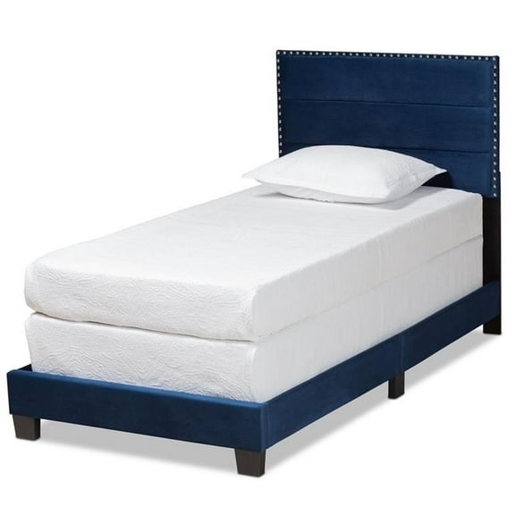 Bowery Hill Modern Velvet Fabric Upholstered Twin Size Panel Bed in Navy Blue