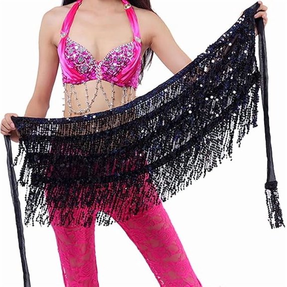Zhuge Women's Sequin Tassel Belly Dance Skirt, Glitter Sparkly Fringe Hip Scarf Skirt, Black