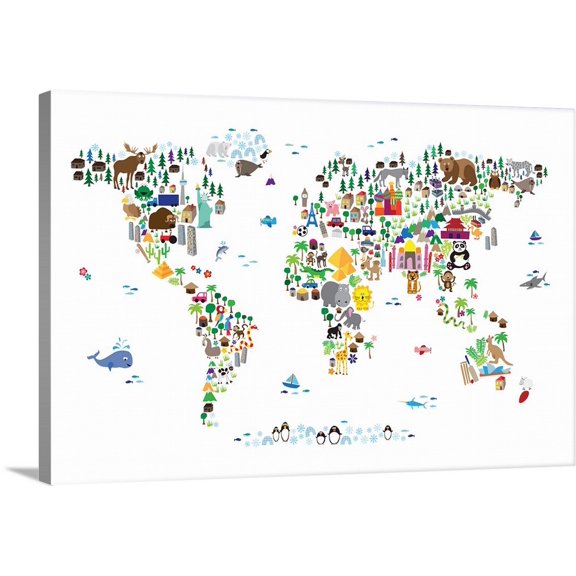 Great BIG Canvas | "Animal Map of the World for children, White" Canvas Wall Art - 36x24