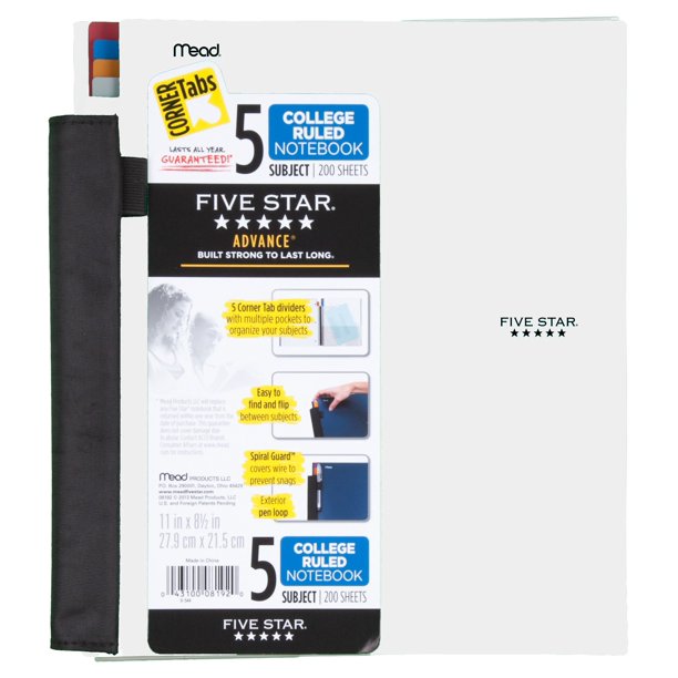 Five Star Advance 5 Subject Notebook, White
