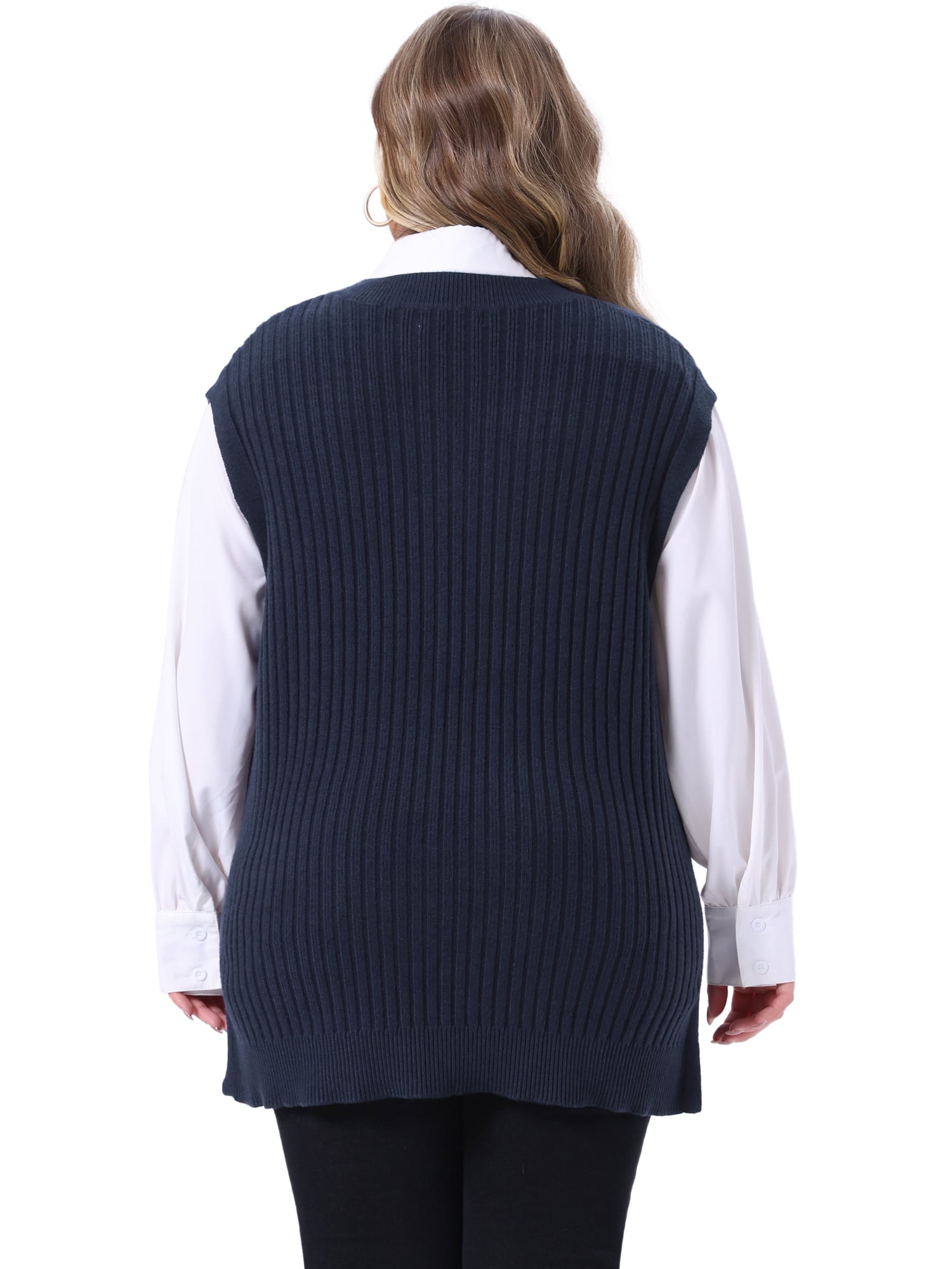 DARING DIVA Women's Plus V Neck Knit Split Hem Sweater Vest 3X Dark Blue