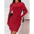 thumbnail image 4 of Women'S Mesh Sheer Long Sleeve Ruched Mini Dress Bodycon Mock Neck Cocktail Party Club Dresses Red XL, 4 of 9