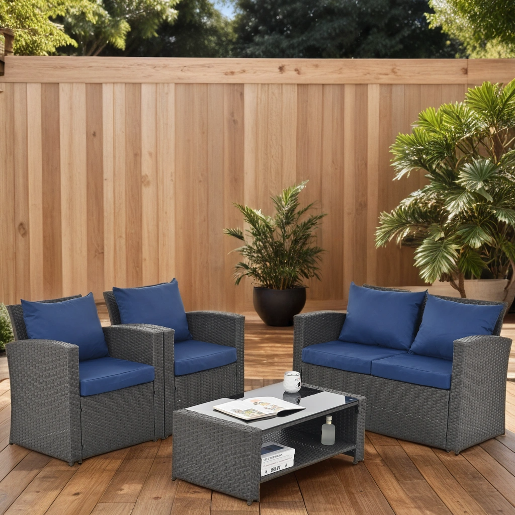 4 Piece Patio Furniture Set, Outdoor Conversation Set Acacia Solid Wood Outdoor Sofa Set for Poolside Garden, Grey Cushions - image 2 of 7