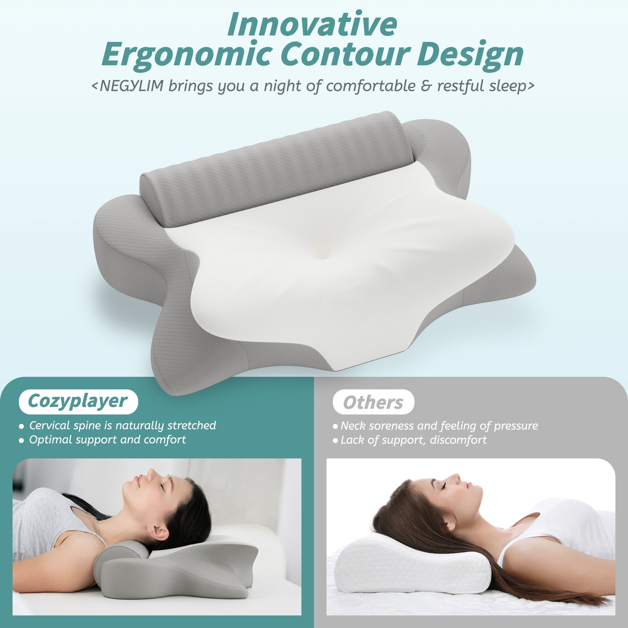 NEYGLIM 2 Pack Memory Foam Sleep Pillows for Pain Relief, Detachable Roll Cooling