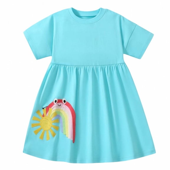 MEZZALL Girls Rainbow Printed Summer Dress Short Sleeve O-Neck Adorable Dresses