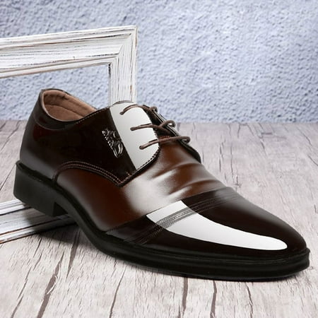 Leather shoes men s Youth pointed glossy business formal wear shoes lace-up office work men s shoes Zkysteio
