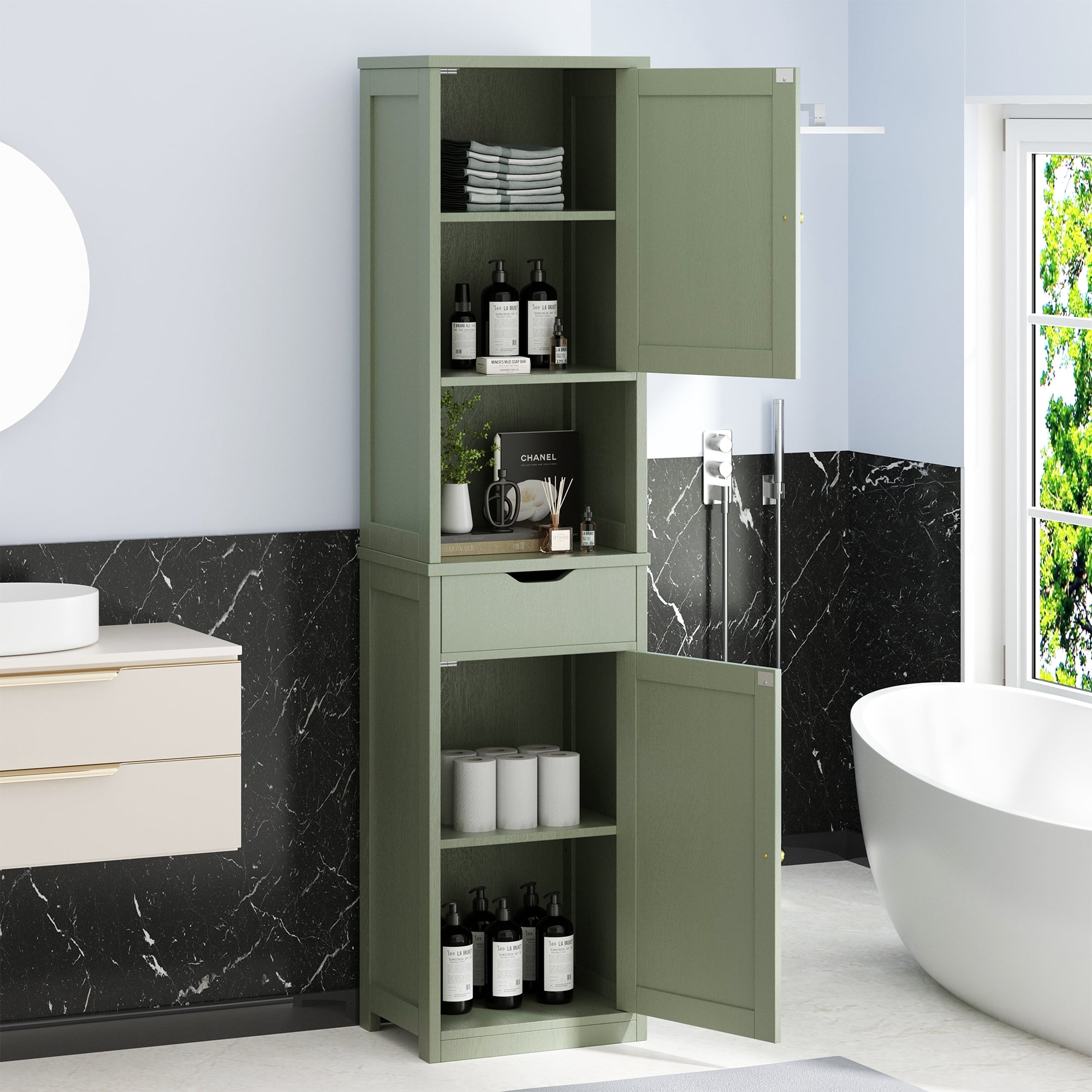 2PCS Bathroom Storage Cabinets 64" Tall Narrow Wooden Cabinets Set of 2 with Doors Shelves Drawer Green