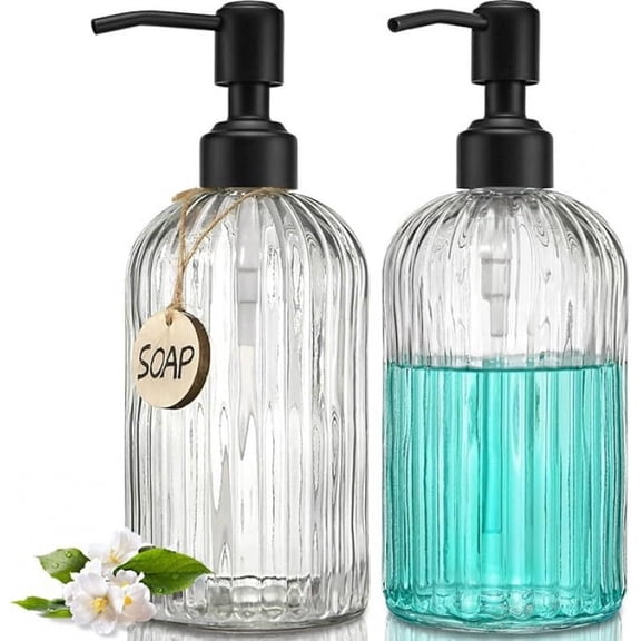 Capion 2PACK Glass Soap Dispenser with Rust Proof Stainless Steel Pump, Refillable Hand Soap Dispenser with Vertical Stripe, Premium Bathroom soap Dispenser for Kitchen & Bathroom