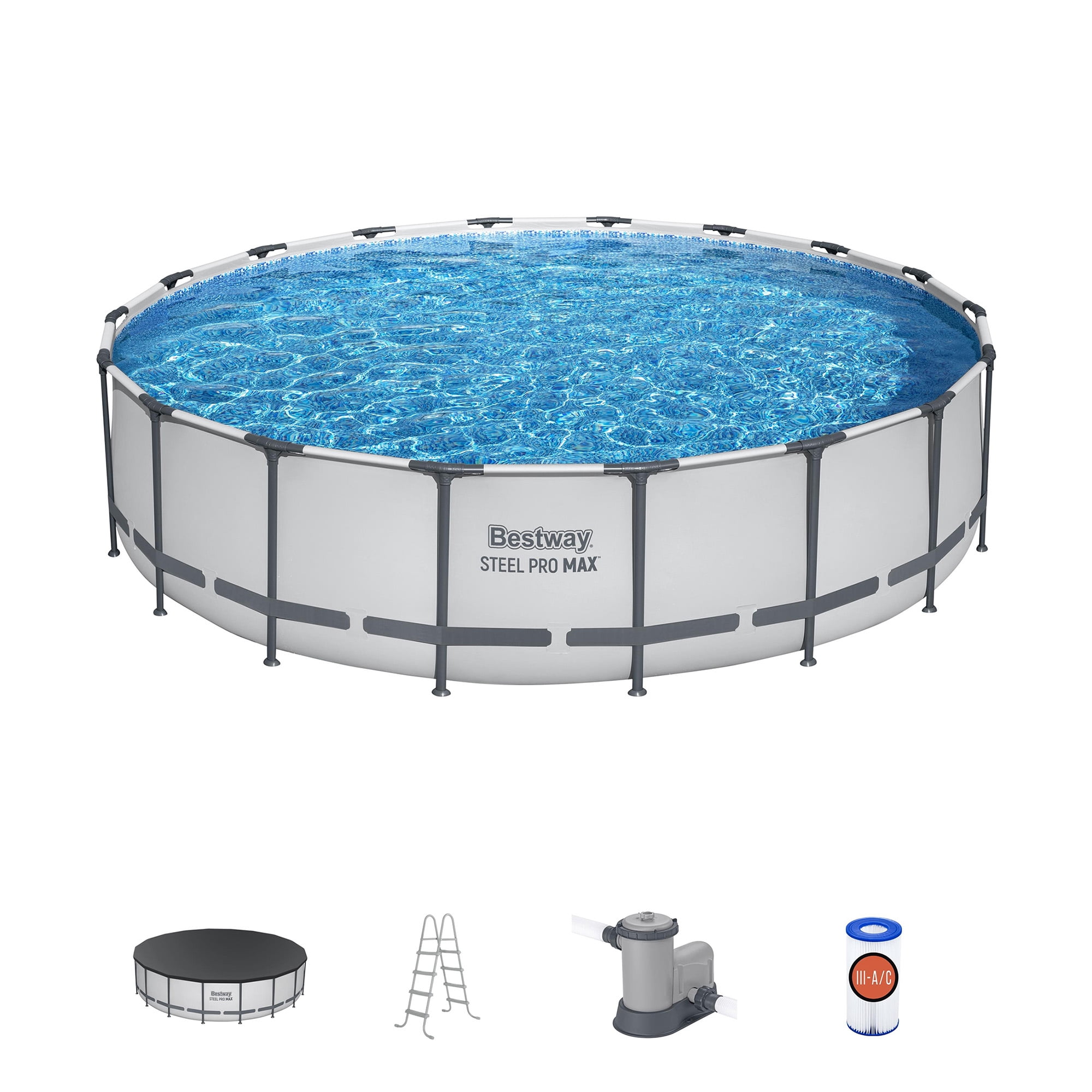 Bestway Round Steel Frame Above Ground Pool w/ Cleaning Tools, 18Ft x 48In