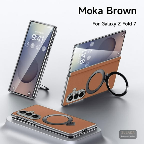 ELEHOLD Premium Leather Folio Case for Samsung Galaxy Z Fold 7 2025, Magnetic Ring Kickstand PU Leather Slim Protective Cover with Hinge Cover,Brown