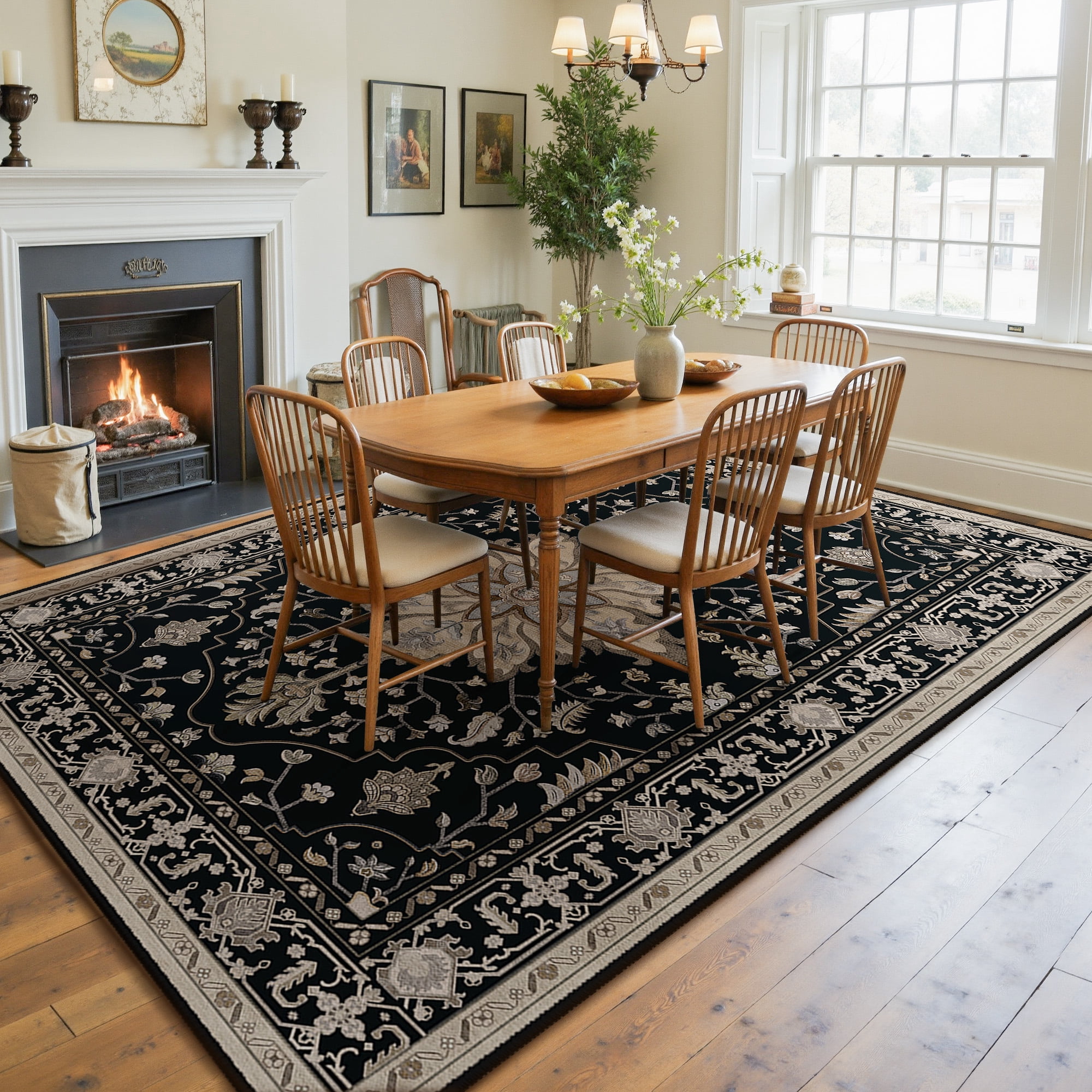 NewBuros 5'x7' Washable Area Rug for Living Room, Non Slip Vintage Distress Print Pattern Floral Rug, Soft Low Pile Indoor Carpet for Bedroom Dining Room, Black
