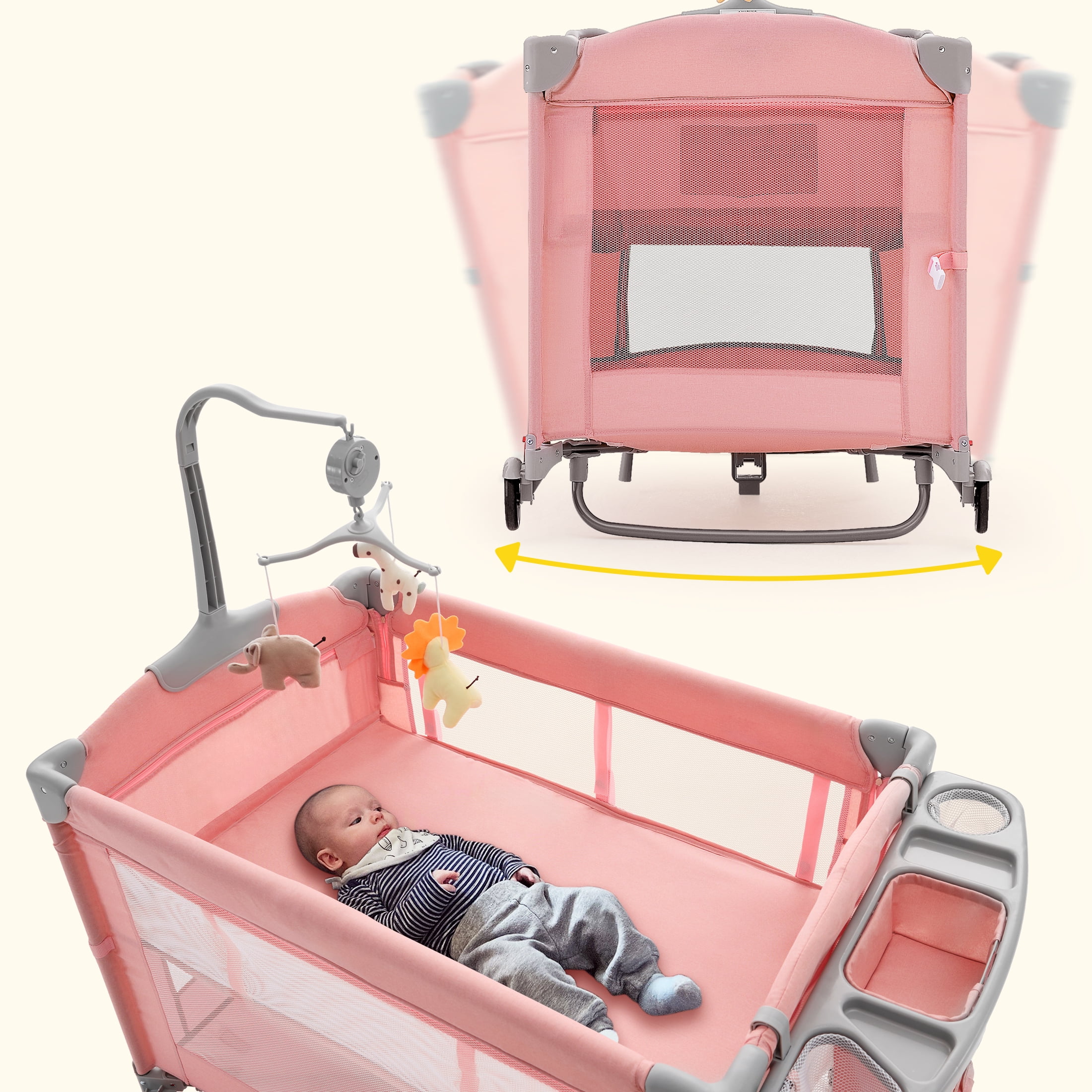 HARPPA 5 in 1 Baby Playard with Bassinet & Changing Table for Newborn, Pink