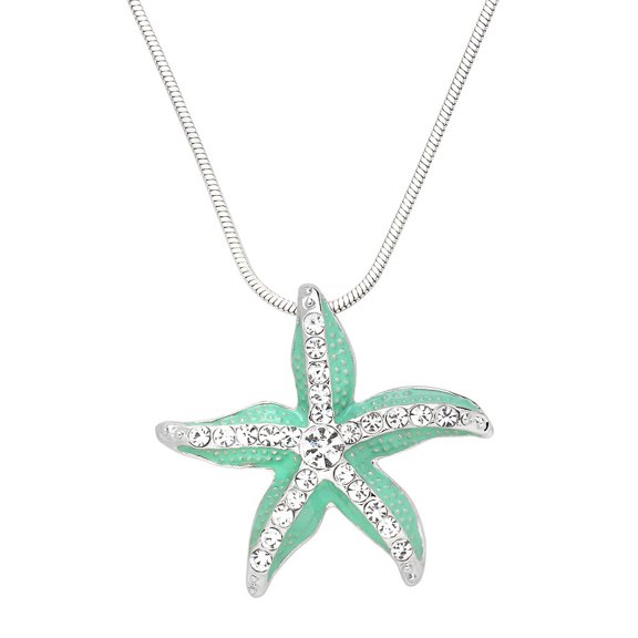 Starfish Pendant Necklace Earring Rhinestone Crystal Rhodium Plated 17 Inch Snake Chain J0889-AQ