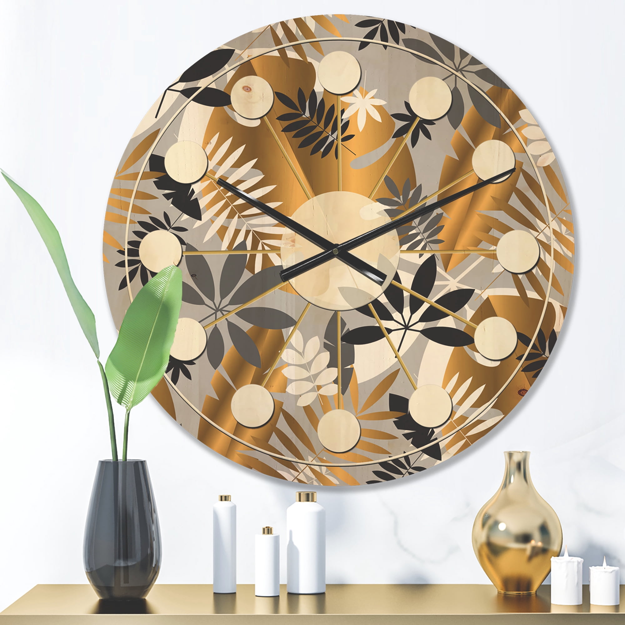 Designart 'Retro Geometric Luxury Jungle Foliage Pattern' Mid-Century Modern Wood Wall Clock