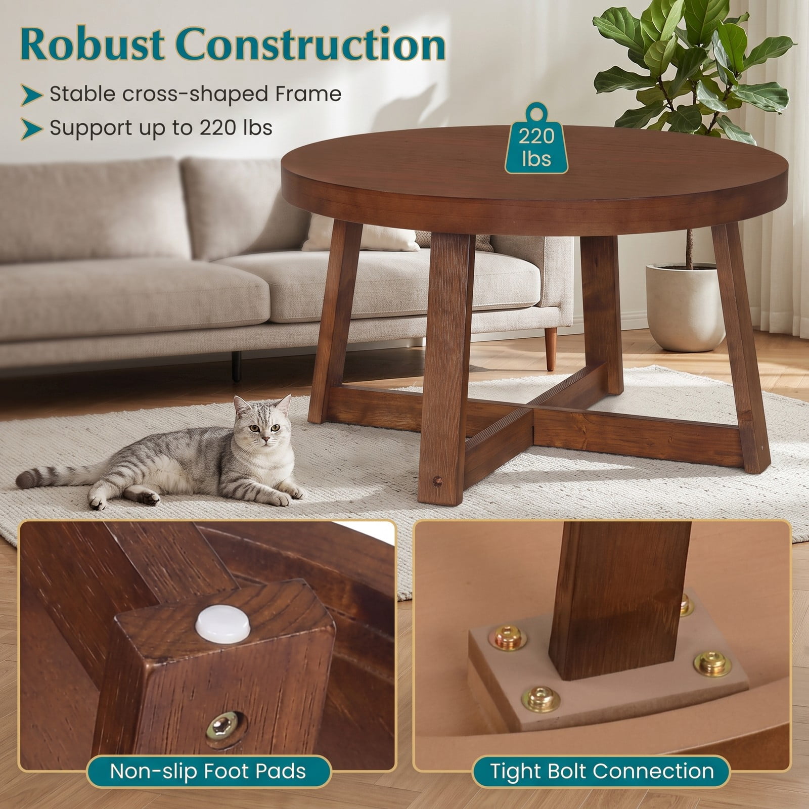 Furnibear Round Coffee Table for Living Room, 30 Inch Farmhouse Accent Table with Solid Rubber Wood Legs, X-Shaped Base, Round Center Cocktail Table for, Walnut