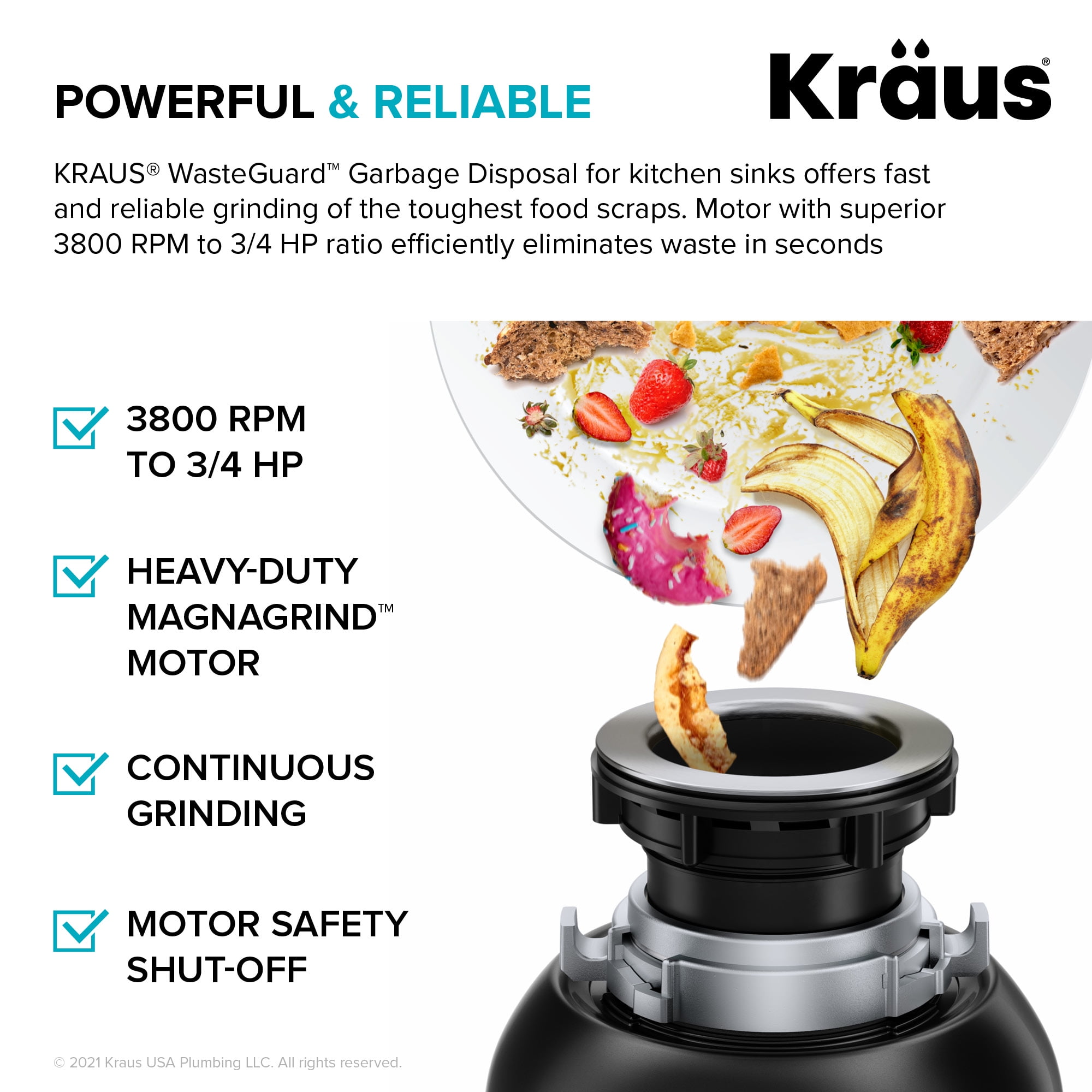 KRAUS WasteGuard Continuous Feed Garbage Disposal with 3/4 HP Ultra-Quiet Motor for Kitchen Sinks with Power Cord and Flange Included