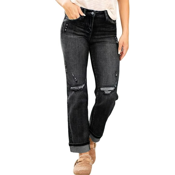 Women'S Boyfriend Straight-Leg Mid-Rise Cropped Jeans Fashionable Stretch Ripped Denim Pants Black S