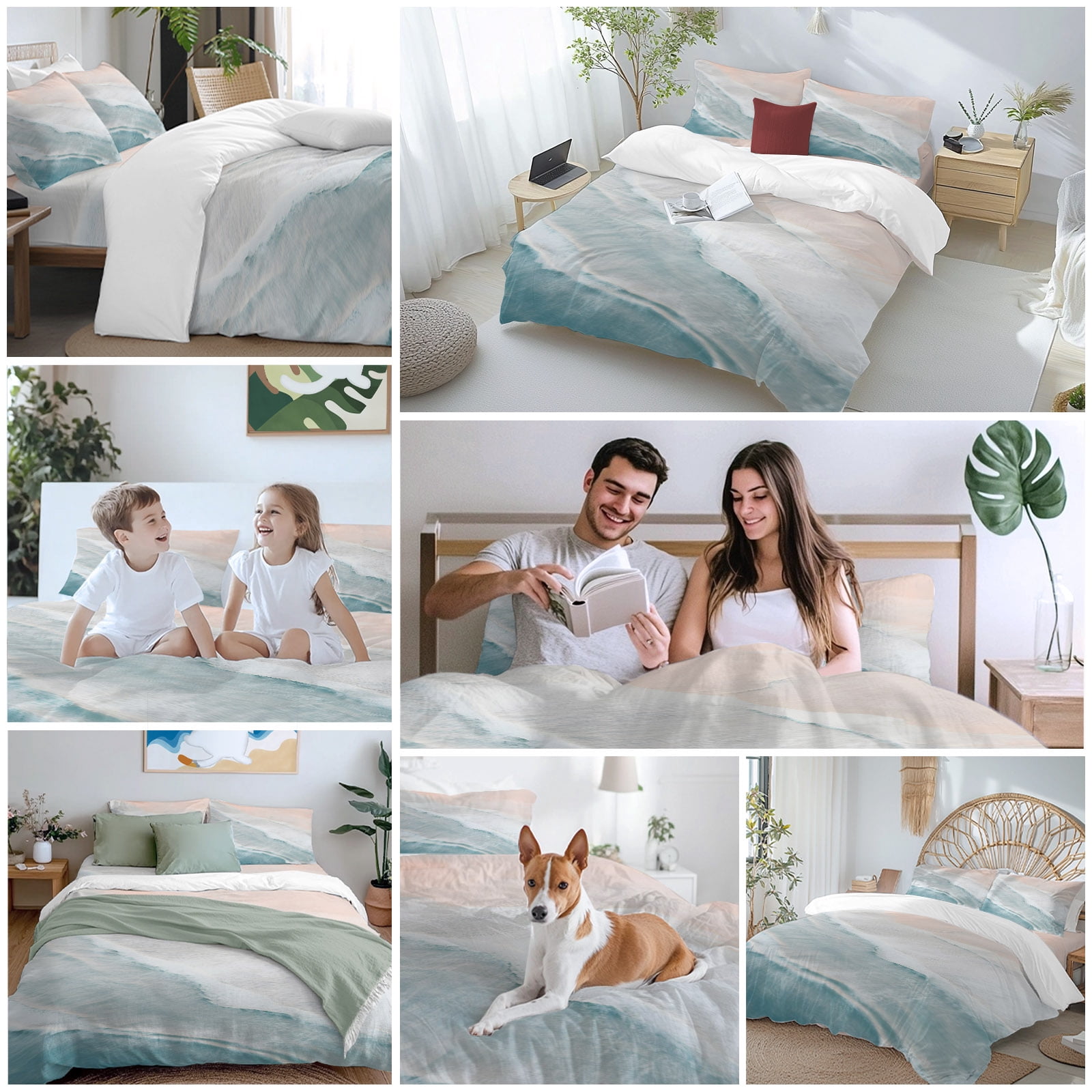 Beach Blue Queen Duvet Cover Set, Beige Gradient Ocean Wave Seaside Scenery 4 Piece Microfiber Bedding Set with Zipper Closure, Bed Sheet and 2 Pillow Shams, Soft Bedding Cover